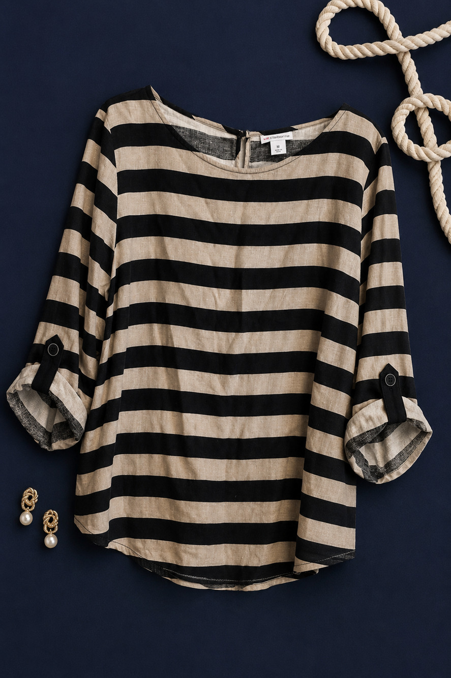Liz Claiborne Black & Tan Striped Roll Tab Sleeve Blouse Medium